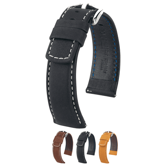 Hirsch Mariner Leather Watch Strap - Black - L - 18mm - Silver Buckle - Water Resistant
