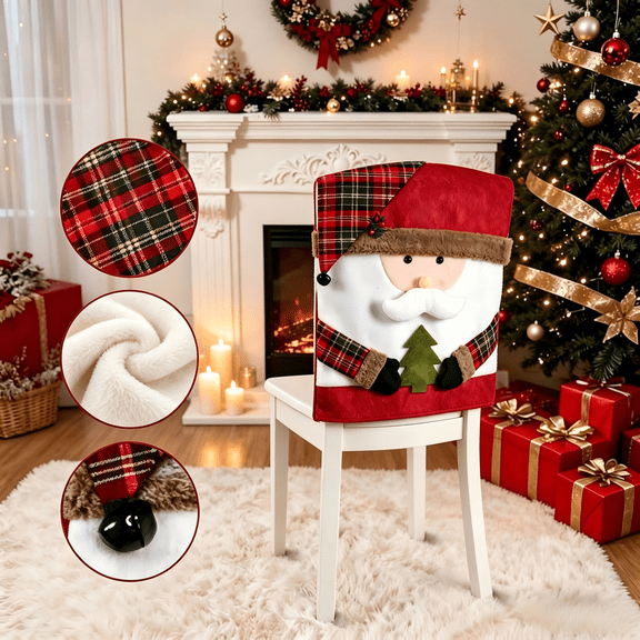 Christmas Santa Chair Covers for Dining Room, 3D Plush Santa Claus Chair Back Slipcover with Bell, Red Plaid Xmas Chair Protector, Winter Holiday Home Kitchen Party Dinner Table Decorations, 4 Packs