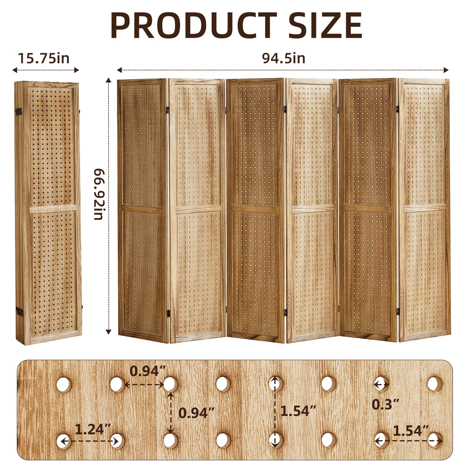 Aletheiawu 6 Panel Display with 24 Hooks, Wood Room Divider Wall, No Installation, Light Brown