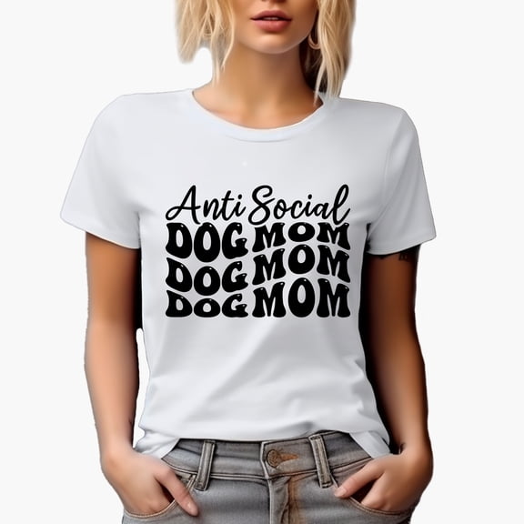 Anti Social Dog Mom, Introvert Pet Mother or Parent, Groovy Retro Wavy Text Merch Gift, White T-Shirt, Small