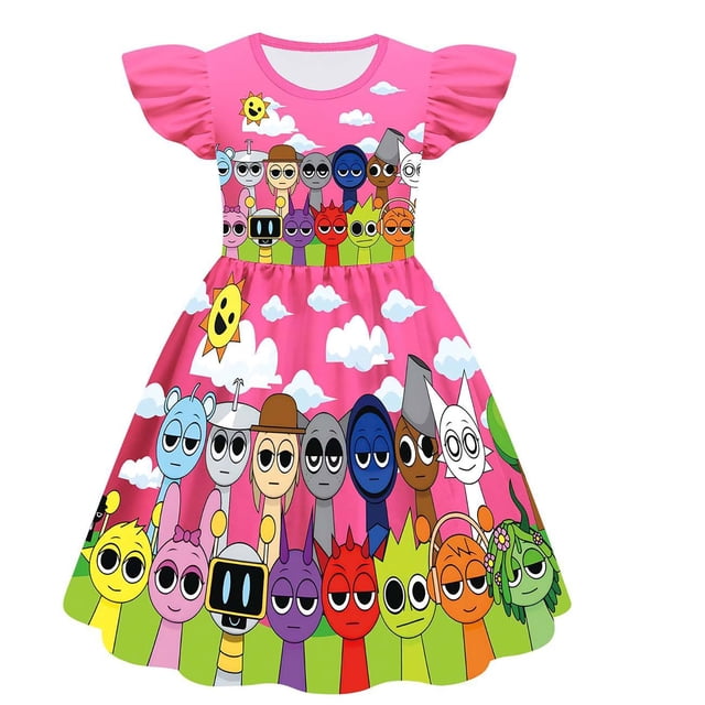 XDZJLR Kids Girls Dress Sprunki Music Novelty Print Ruffle Flutter Sleeve Outfit Daily Dresses Red 3-4 Years