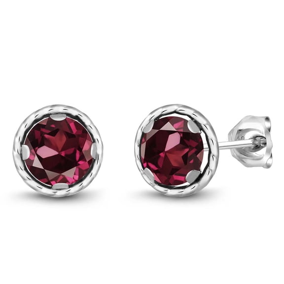 Gem Stone King 925 Sterling Silver Red Rhodolite Garnet Stud Earrings for Women Men ( 2.00 Ct Round 6MM)