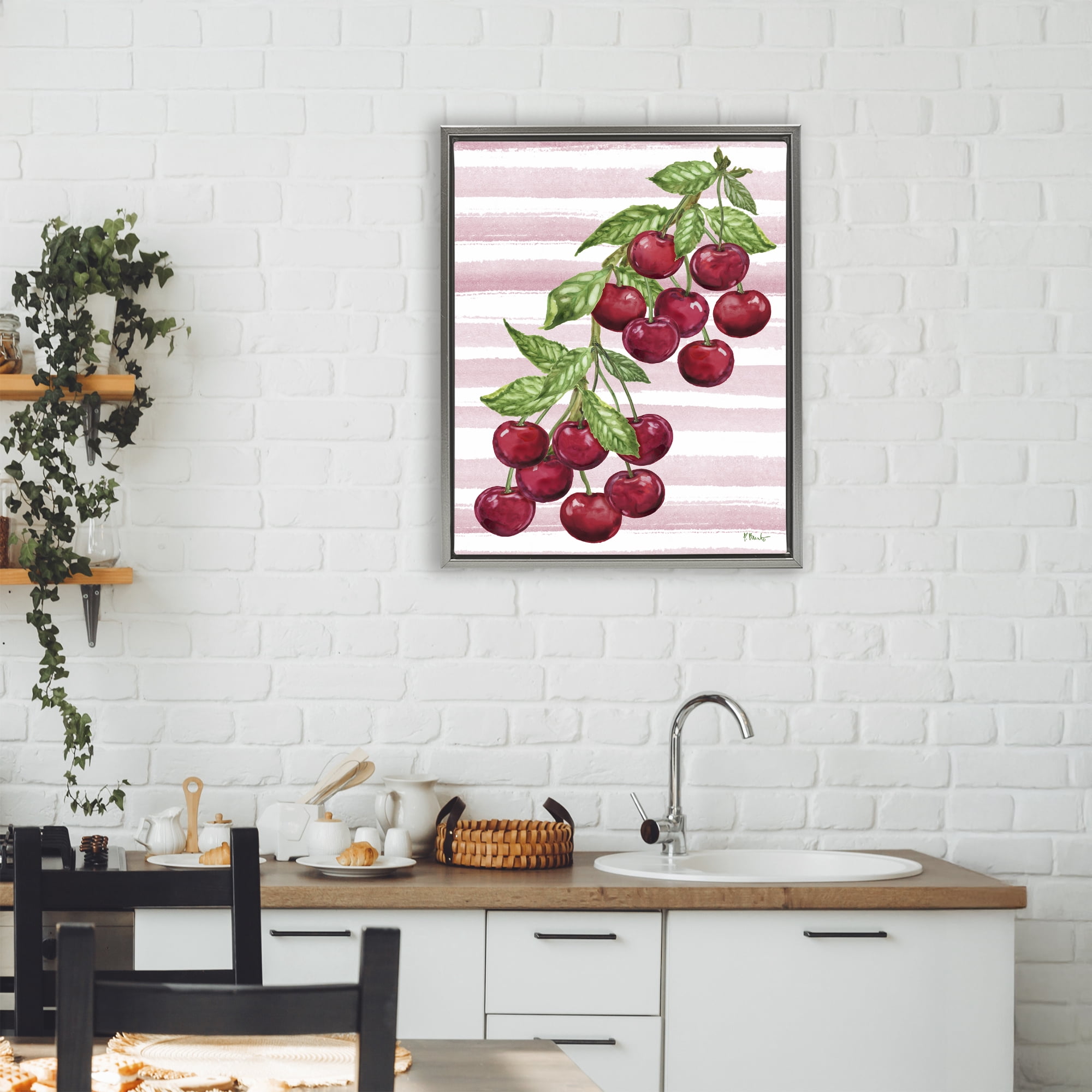 Stupell Industries Juicy Cherry Vine on Stripes Gray Framed Floater Canvas Wall Art, design by Paul Brent