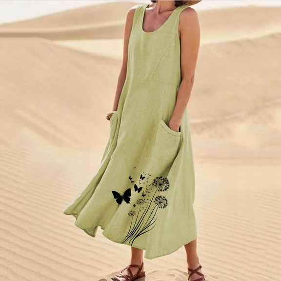 Hxlamzoo Women's Summer Dress - Sleeveless Round Neck Print Dress with Pocket for Casual Wear