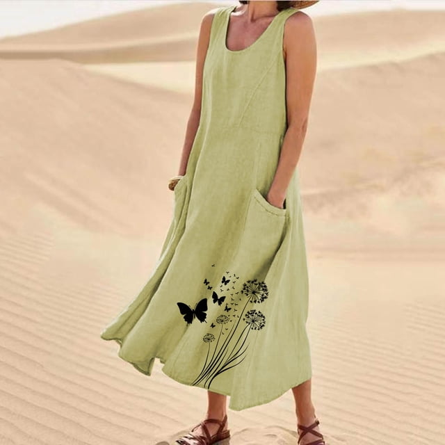 TIMIFIS Robes pour Femmes Décontractées Amples à Col Rond Sans Manches Robes d'Été Couleur Unie Coton Lin Robe Débardeur Confortable avec Poches