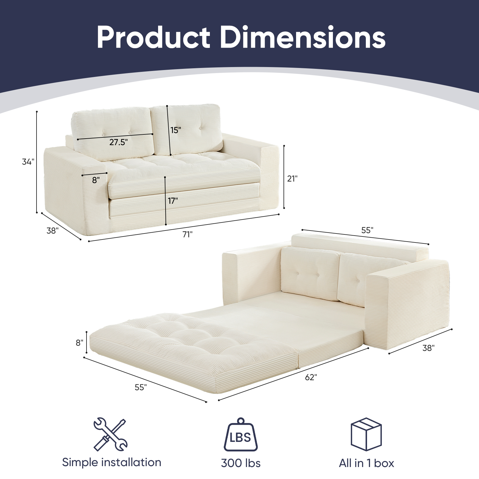 ZAFLY 2 in 1 Convertible Loveseat, Sleeper Sofa Bed, Floor Couch for Small Space - Beige