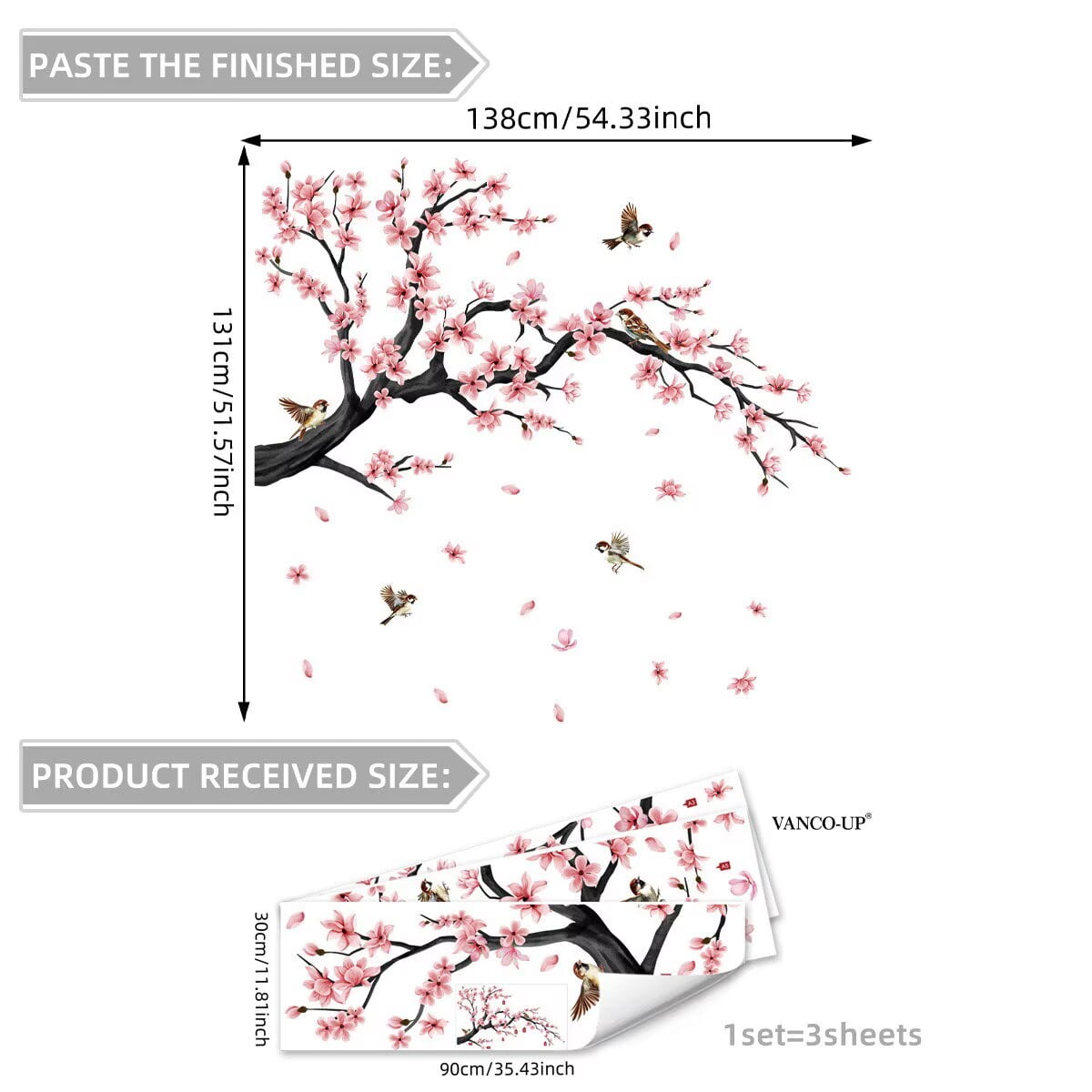 Flowers Wall Decals Stickers Vinyl Removable Peel and Stick Colorful bird Floral Wall Murals Decor tree wall decals Peel and Stick Wall Art Decals Bedroom Living Room Nursery (Cherry Blossoms)