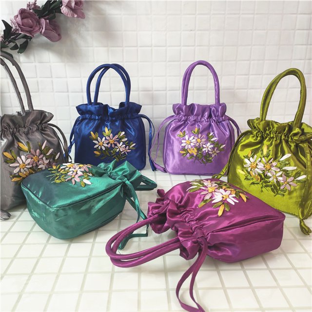 Bolso de mano para mujer, pequeño, tipo clutch, bordado, tipo momia, tipo cubo, con cordón, estilo Hanfu