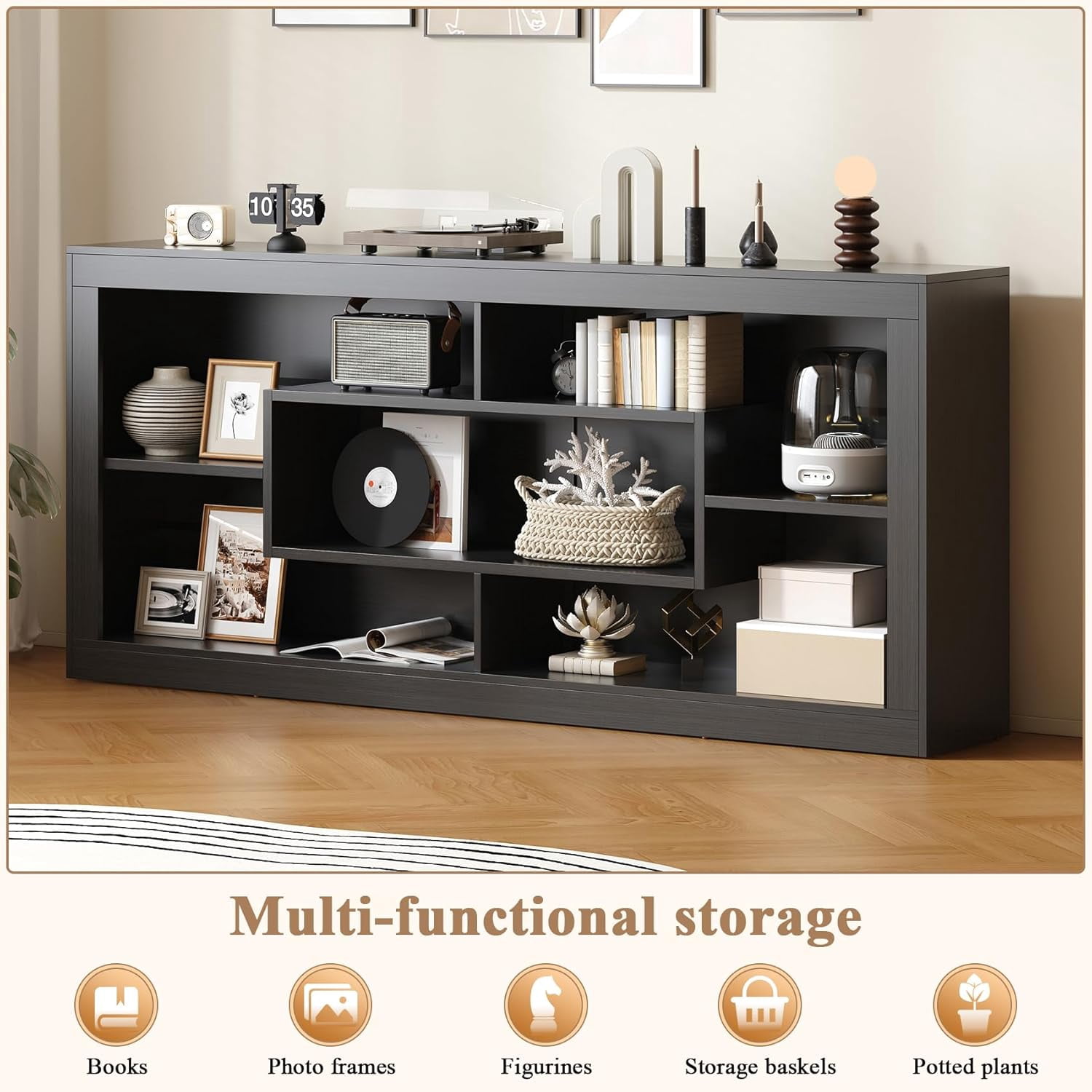 Winkalon Modern Farmhouse 7-Cube Storage Organizer Bookcase, 71” Wide Bookshelf, Large Floor Standing Cubby Shelf Unit with Anti-Tip Kit for Home Office, Living Room, Bedroom,Black