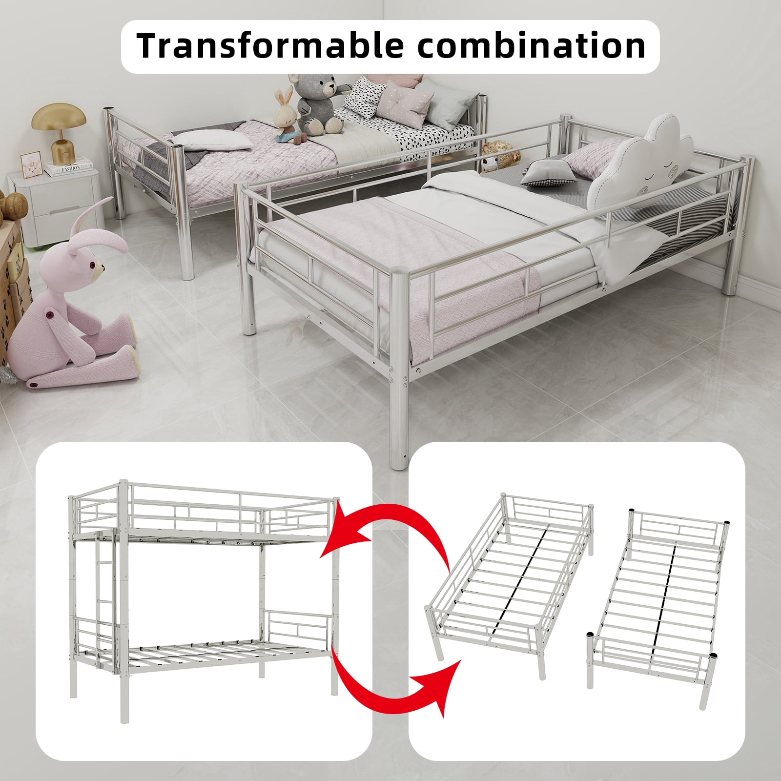 Alvantor Metal Bunk Bed Twin over Twin for Kids, Convertible 2 Beds, Heavy Duty Bed Frame with Under-Bed Storage for Bedroom Silver