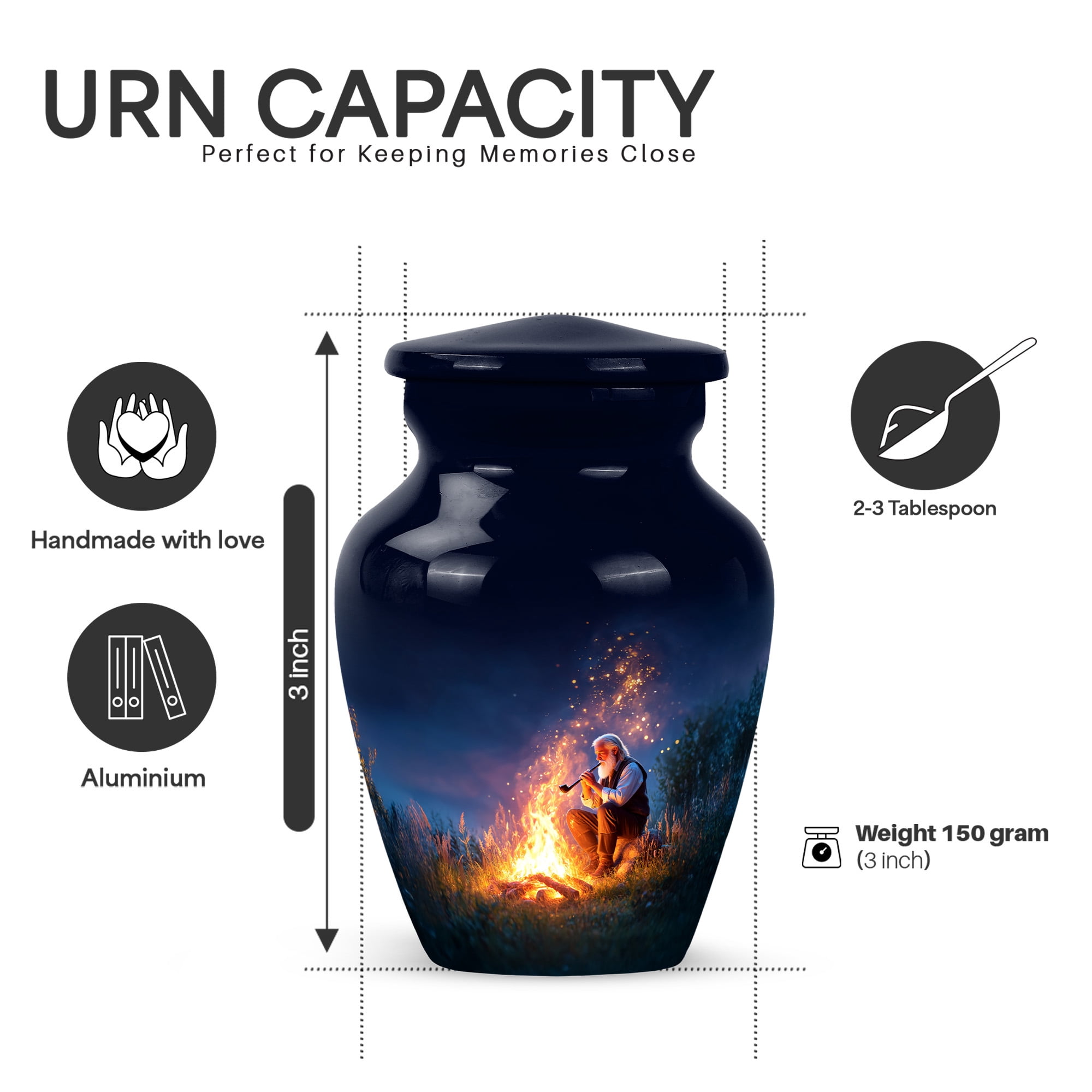 Yatskia Night Campfire Decorative Large Funeral Urns for Human Ashes Adult Mother and Father, Little Cremation Keepsake Urn for Ashes Adult Male, (Classic 10 Inch and 3 Inch)