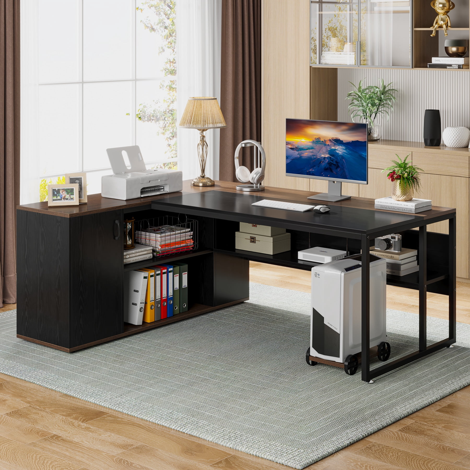 71-Inch L-Shaped Executive Desk, Large Office Desk with Shelves and Cabinet, Brown and Black