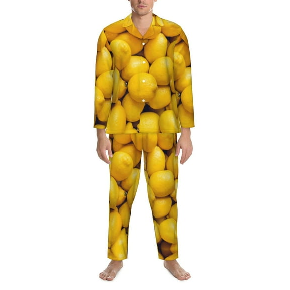Mens Pajamas Set - Ripe Yellow Lemon Comfy Long Sleeve Button Up Pajama Sets for Men 2 Piece, Soft Sleepwear Nightwear Pjs Lounge Sets for Men with Pockets