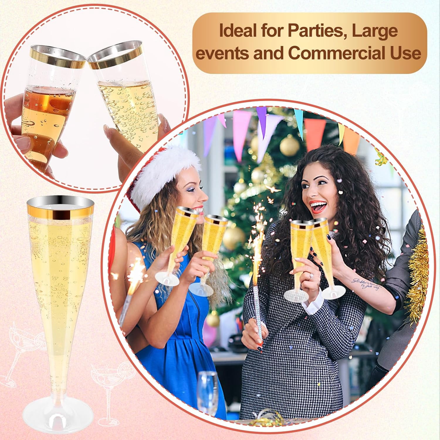 50 Pack Plastic Champagne Flutes Disposable, Gold Rim Champagne Glasses, 4.5 Oz Clear Disposable Champagnes Flute, Mimosa Glasses Plastic Toasting Glass for Wedding Party Supplies