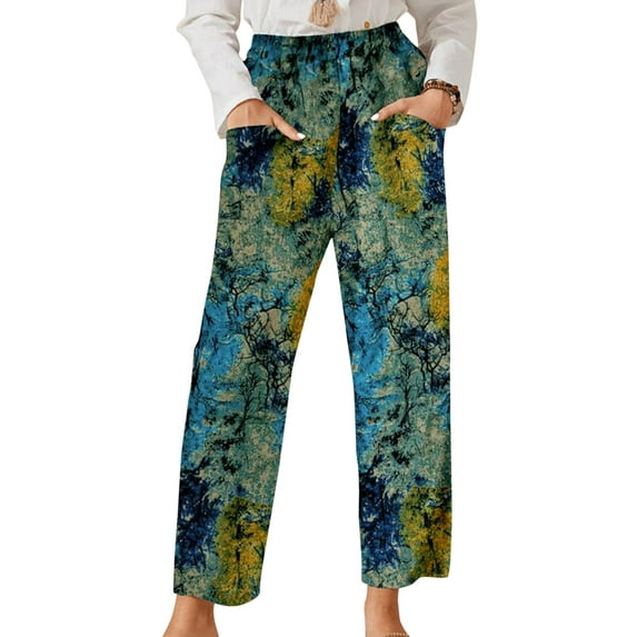 Seyurigaoka Women Casual Pants Floral/Geometric Elastic Trousers with Pockets