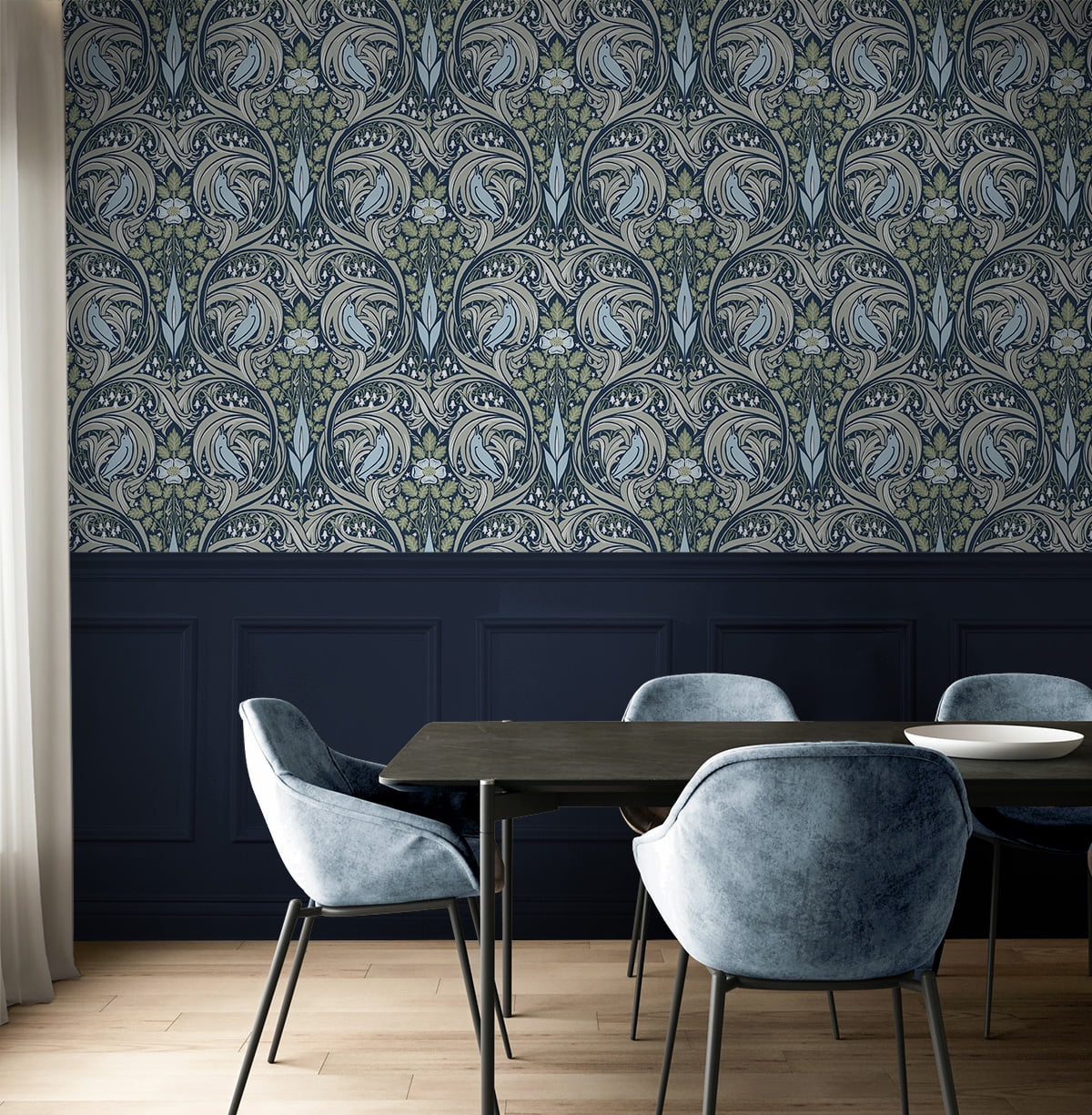 NextWall  Bird Ogee Peel and Stick Wallpaper 20.5 in. W x 18 ft. L - Navy & Fern Green