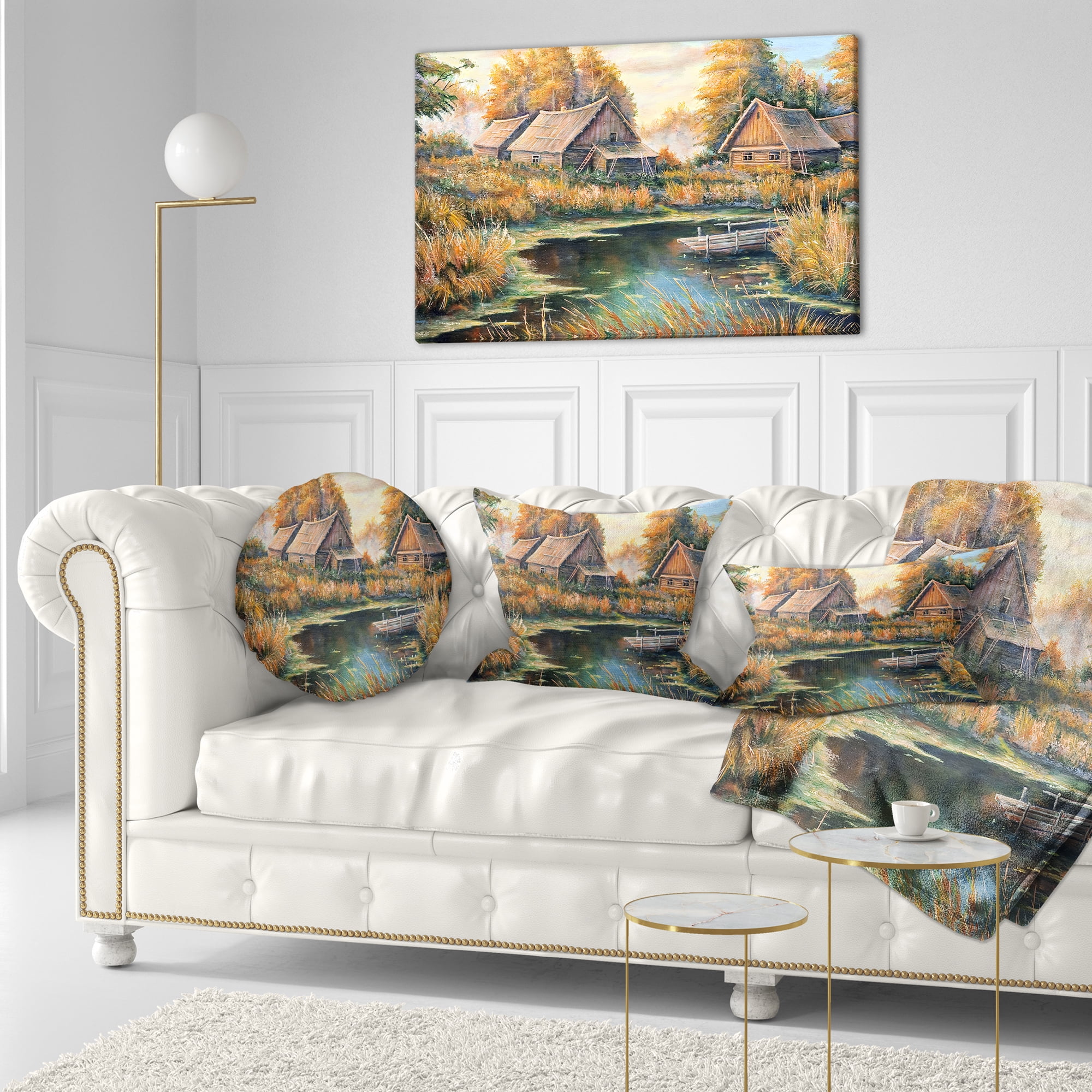 Designart Birches in Autumn Village - Landscape Printed Throw Pillow - 12x20