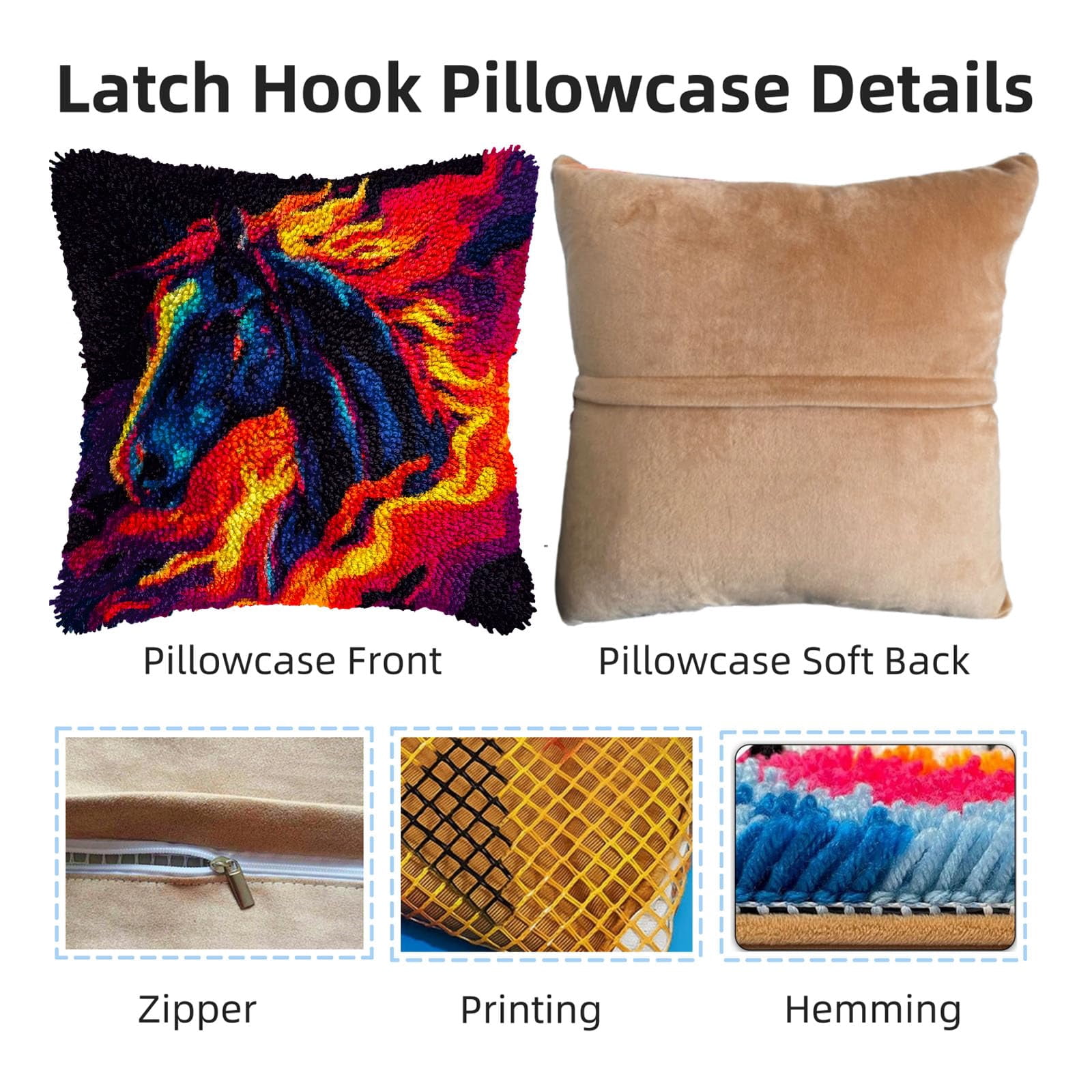 Black Horse in Red Fire Running DIY Latch Hook Pillow Kits for Adults Printed Pillowcase Crochet Yarns Hooking Handmade Pillow Cover Cushion for Home Sofa Decoration 17x17inch(1)