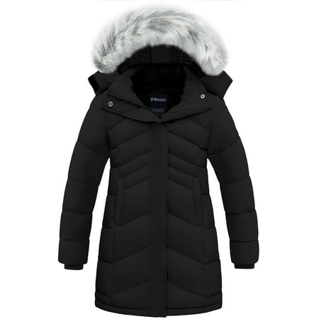 Wantdo Girls' Winter Coat Recycled Waterproof Long Winter Puffer Parka Jacket with Faux Fur Hood Black 10/12
