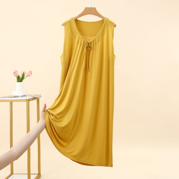 ZyeKqe Womens Sleep Shirts Sleeveless Crewneck Nightgown Tie Front Pleated Casual Lightweight Comfy Home Wear Dress