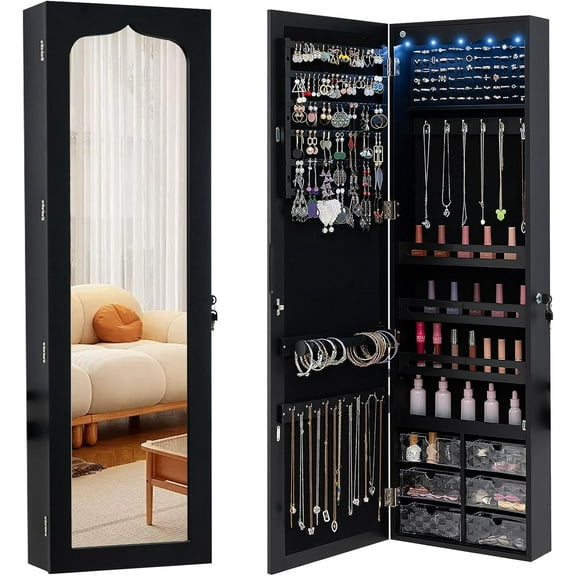 CHARMAID Jewelry Cabinet Armoire, Wall Mount Door Hanging, Lockable Jewelry Organizer with 47.5'' Full Length Mirror, 5 Lights, Large Jewelry Storage Box with 6 Acrylic Drawers (Black)