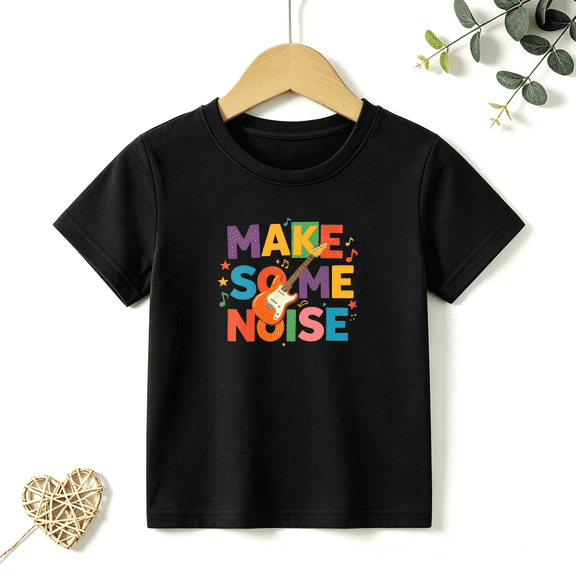 Boys Graphic T Shirt Make Some Noise Music Guitar Short Sleeve Tee Creative Hobby Style 100% Cotton Soft Kids Tops 4-13Y
