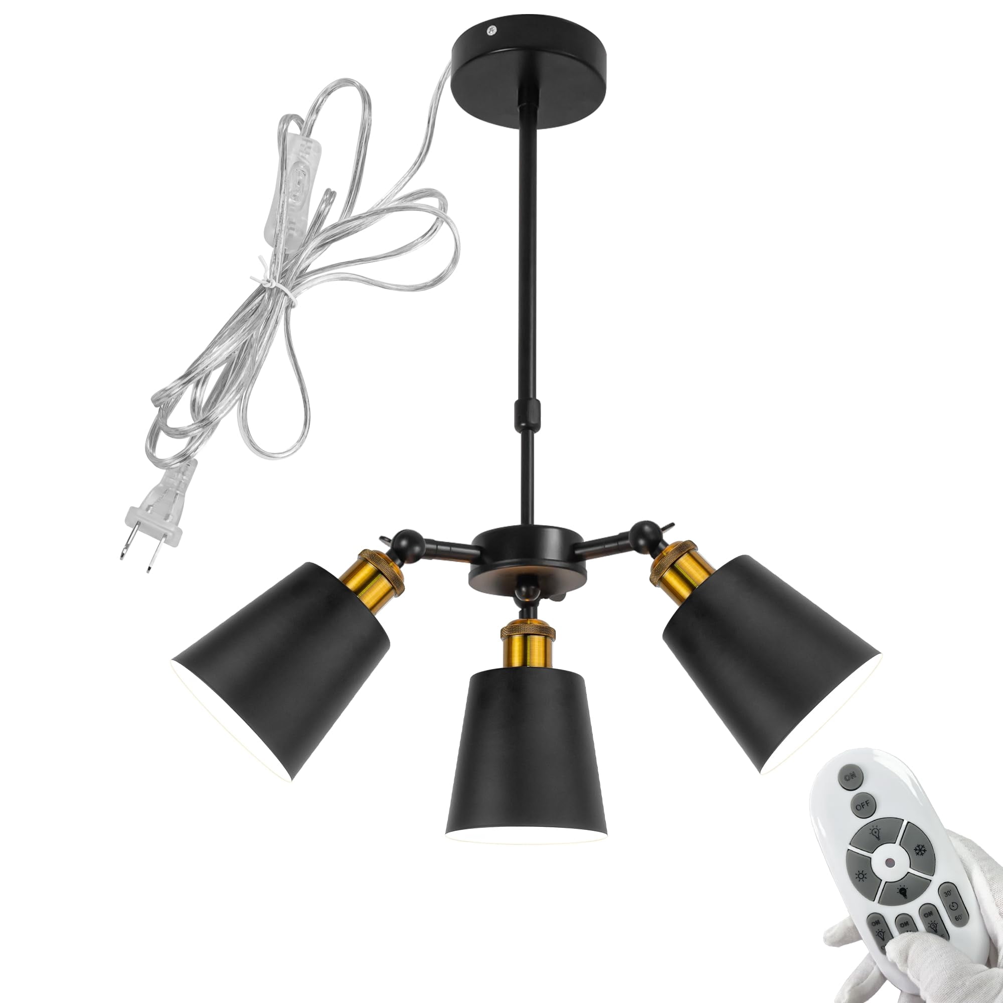 FSLiving 3-Heads Farmhouse Candle Lamp Adjustable Height Telescoping Rod 15ft Plug-in Cord by Remote, Smart Edison Bulbs Black Island Light for Sloping Roof Dining Staircase NO Wiring Needed
