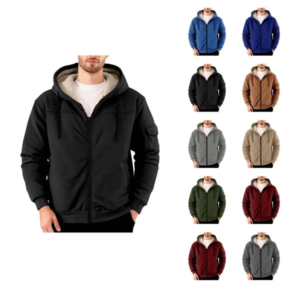 Fleece Lined Hoodies for Men Fall Winter Long Sleeve Relaxed Fit Casual Zip Up Jacket Sweatshirt Coat Outerwear with Pockets
