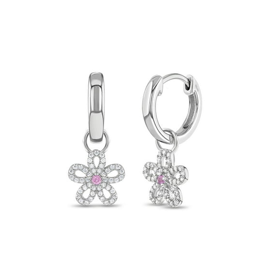 CZ Flower Dangle 9mm Kids / Children's / Girls Earrings Hoop - Sterling Silver