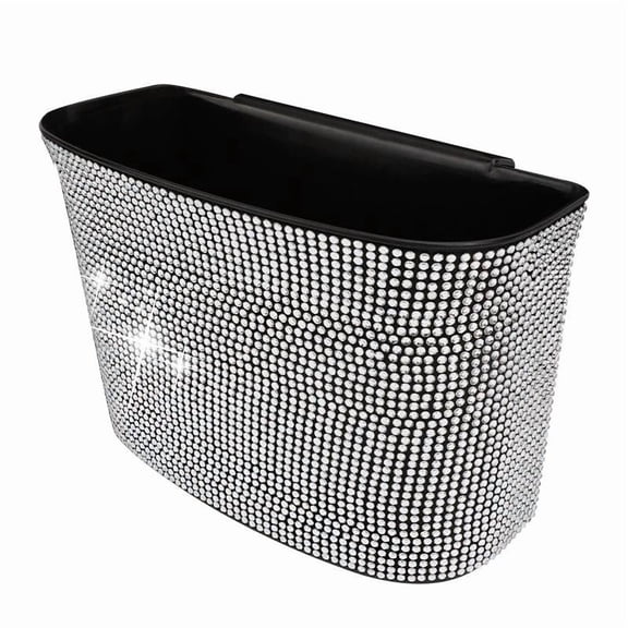 Bling Car Trash Can, Crystal Vehicle Hanging Garbage Container, Portable Mini Trash Bin with Sparkling Rhinestones, Universal Automotive Wastebasket for Car Office Kitchen Home (White)