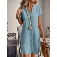thumbnail image 2 of Women Linen Dress Spring Summer Casual Cap Sleeve V Neck Midi Button Down Shirt Dresses Lake Blue XL, 2 of 5