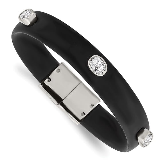 White Stainless Steel bracelet Cord, Leather & Rubber Black Cubic Zirconia CZ 8 in