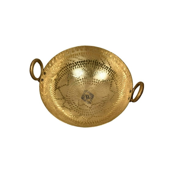 Golden Brass Hammered Kadhai Or Kadai With Handle 3 Liters - Heavy Weight Kadhai - Hammered Kadhai
