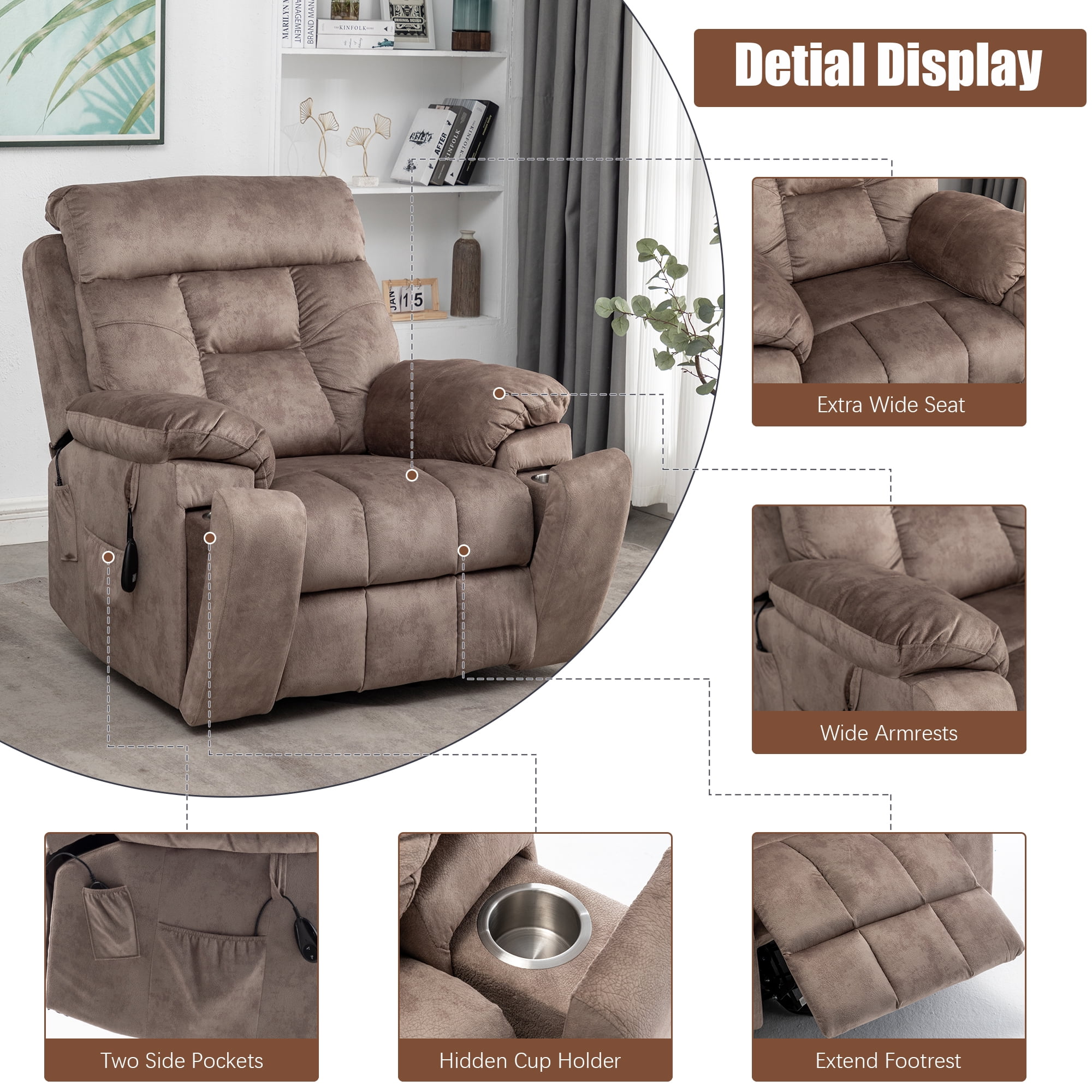 PAPROOS Oversized Electric Massage Lift Chair, Large Power Lift Recliner with Heat Therapy, Fabric Reclining Sofa with Remote, Hidden Cup Holder and Side Pocket for Elderly Seniors, Antique Brown