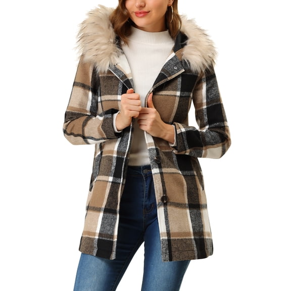 Allegra K Women's Long Sleeves Detachable Faux Fur Trim Plaid Overcoat with Hood