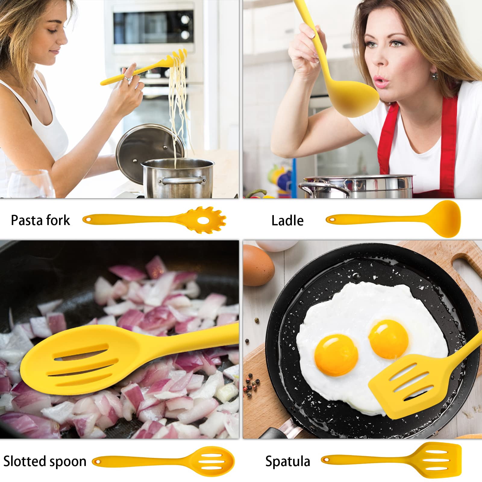 11-Piece Silicone Cooking Utensil Set, Non-Stick Kitchen Gadgets with Spatulas, Includes Iron Utensil Holder, Non-Scratch Heat-Resistant Kitchen Tools (Yellow)
