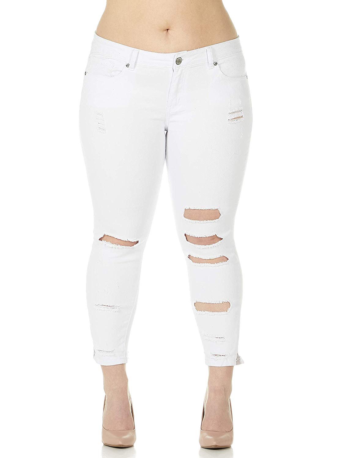 CG JEANS Plus Size Cute Juniors Big Mid Rise Large Ripped Torn Crop Skinny Fit, White Denim 24 - image 2 of 7