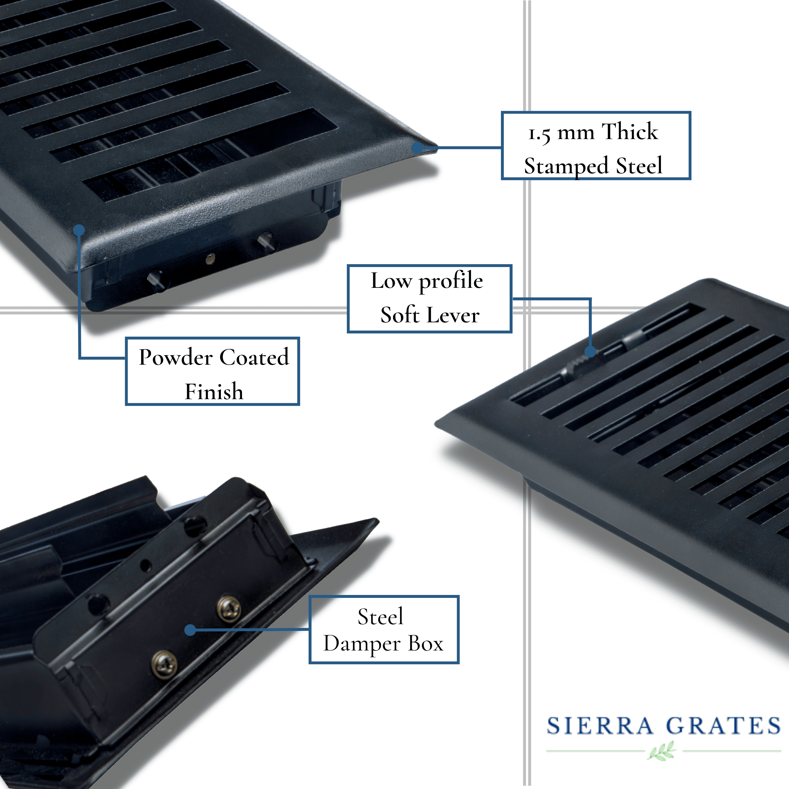 Sierra Grates 4” x 12” Contemporary Floor Register, Cast Iron Black with Air Filter - Decorative heating and cooling floor register grille and vent cover
