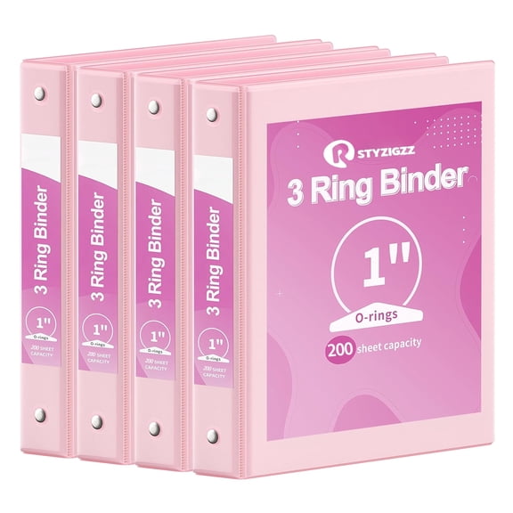 1 inch Binder Pink,3 Ring View Binders Holds 200 Sheets of Letter Size 8.5 x 11'' Paper Notebook Round Ring Binders School Paper Organizer with Pockets 4-Pack