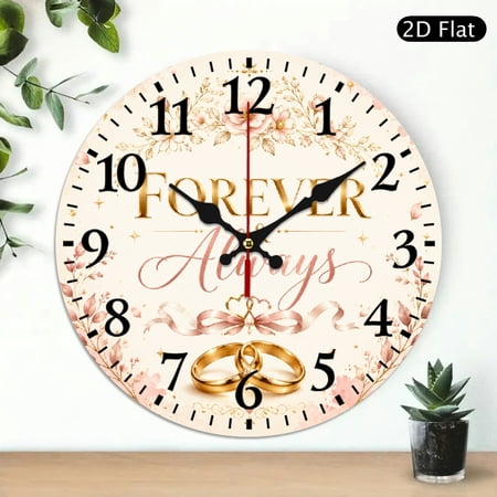 Patifu Round Wooden Wall Clock Forever Always Wedding Rings Gold Print Silent Sweep Movement 10x10in