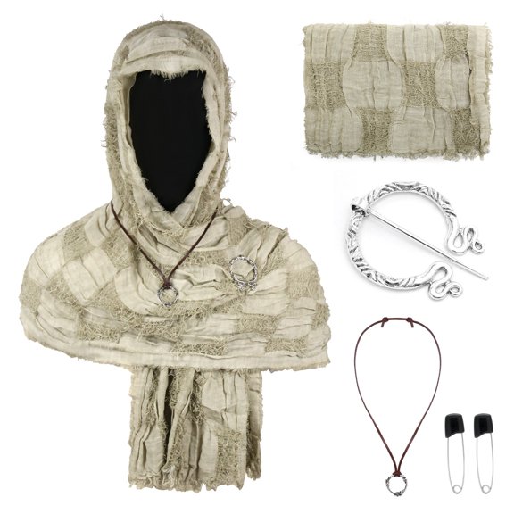 Medieval Hooded Scarf Shawl, Tattered Medieval Hooded Scarf With Viking Brooch, Distressed Renaissance Cosplay Shawl Head Wrap Accessory for Halloween Warrior Larp Party, Khaki One Size
