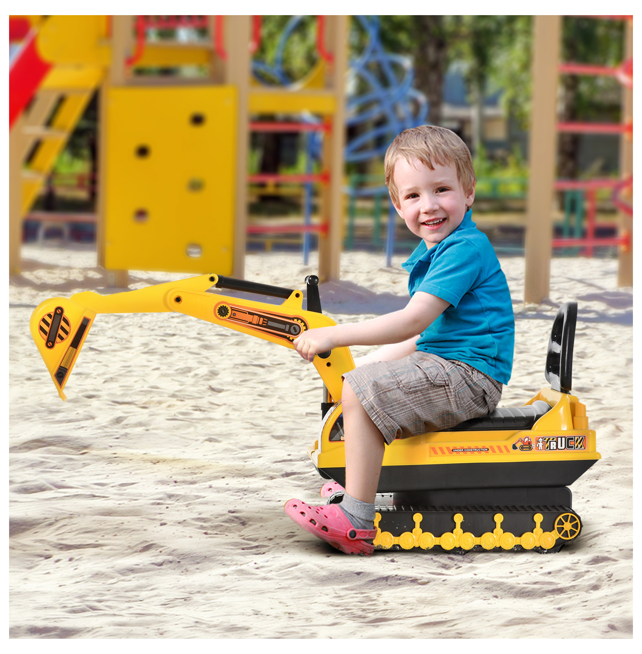 NO POWER Ride On Excavator Toy Tractors Digger Movable Scooter Walker Pretend Play Toddler Construction Truck Basket Storage For Boys Girls 3 Years Old Yellow Black Yellow + Polypropylene