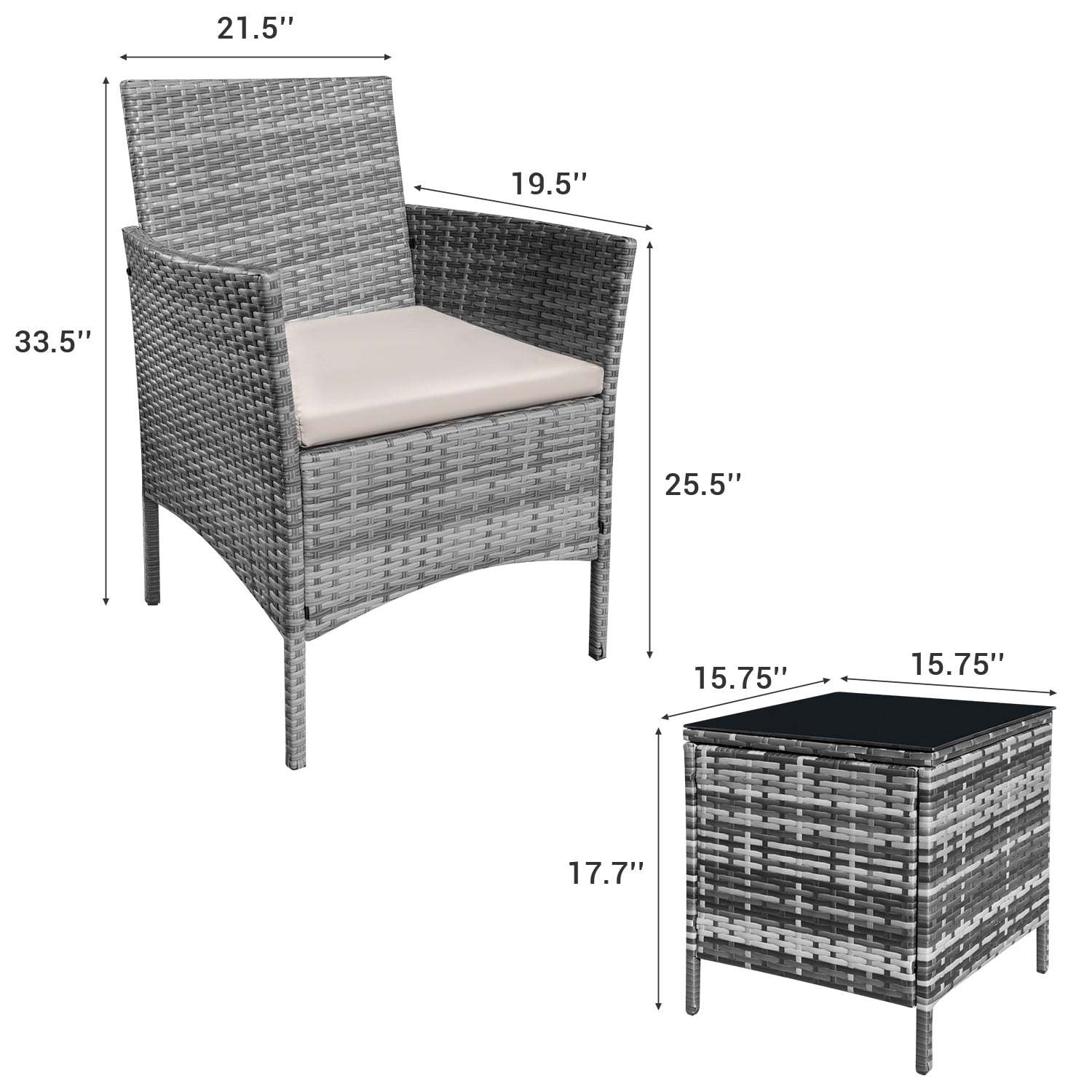 Homall 3 Pieces Patio Furniture Set Outdoor PE Rattan Wicker Patio Conversation Set Bistro Set with Tempered Glass and Cushioned Chairs, Gray/Beige