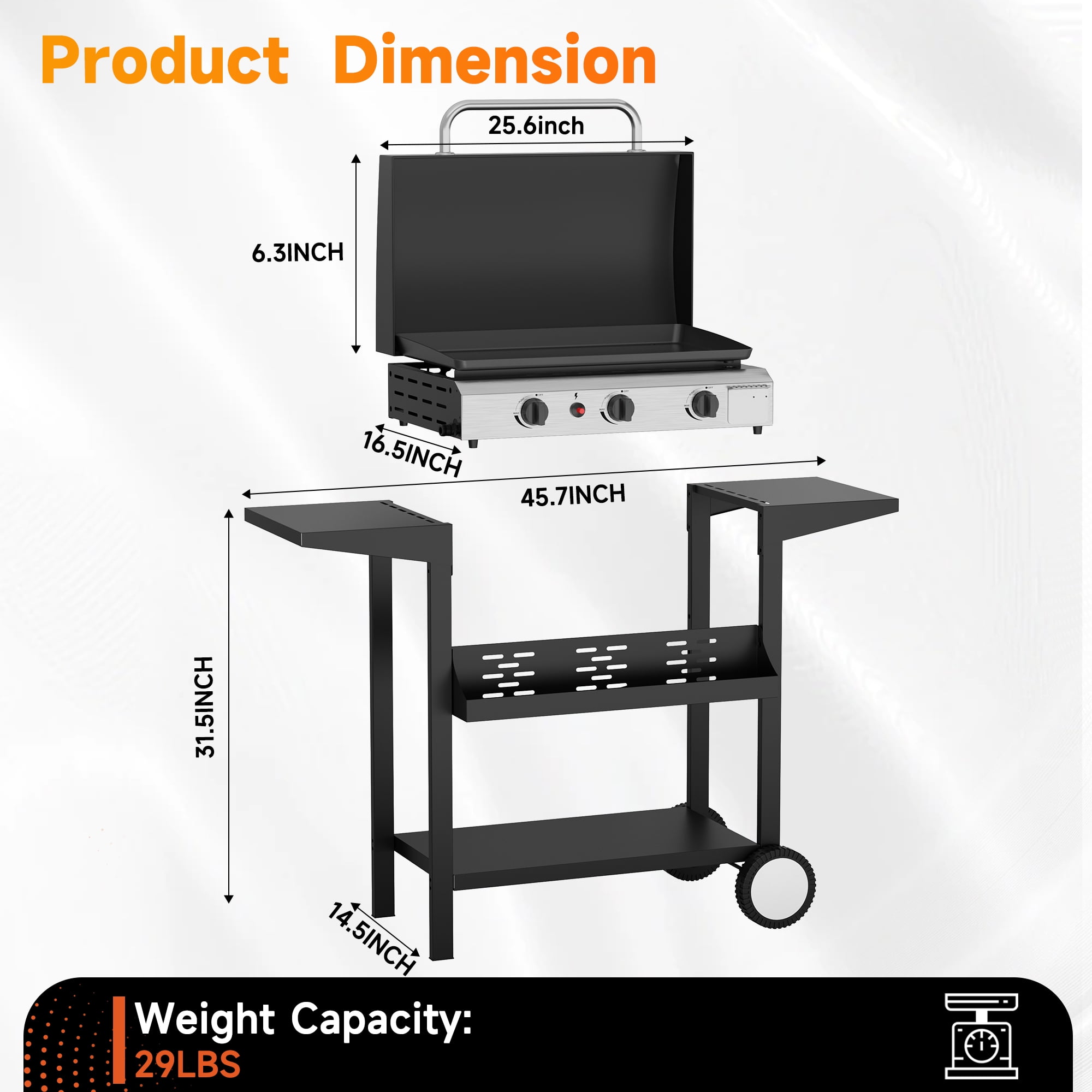 SKOK 23'' 3-Burner Portable Flat Top Gas Griddle with Hood, 45,000 BTU Outdoor Propane Griddle Station, 326 Sq. In. Cooking Surface & Side Shelves for BBQ, Camping, Tailgating, Silver