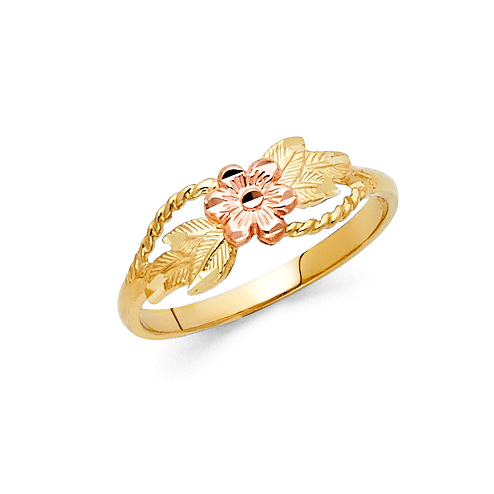 Rose Flower Ring 14K Solid Yellow Gold Two Tone 