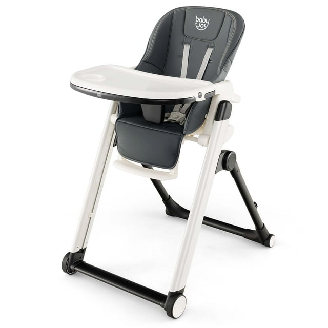 Babyjoy Trona Plegable para Bebés y Niños Pequeños, Altura/Reposapiés Ajustables, Trona con Arnés de 5 Puntos, 2 Bandejas y Ruedas Bloqueables