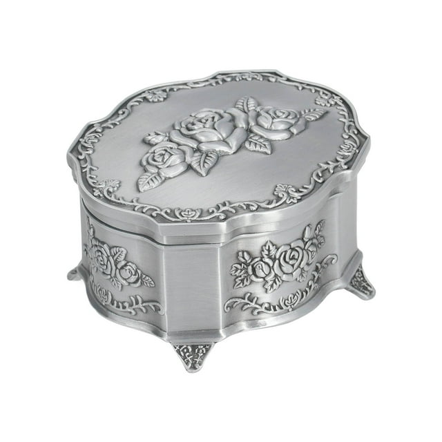 Caja de joyería vintage de aleación de zinc, forro suave, diseño en relieve, pulido de superficie, caja de baratija resistente y duradera