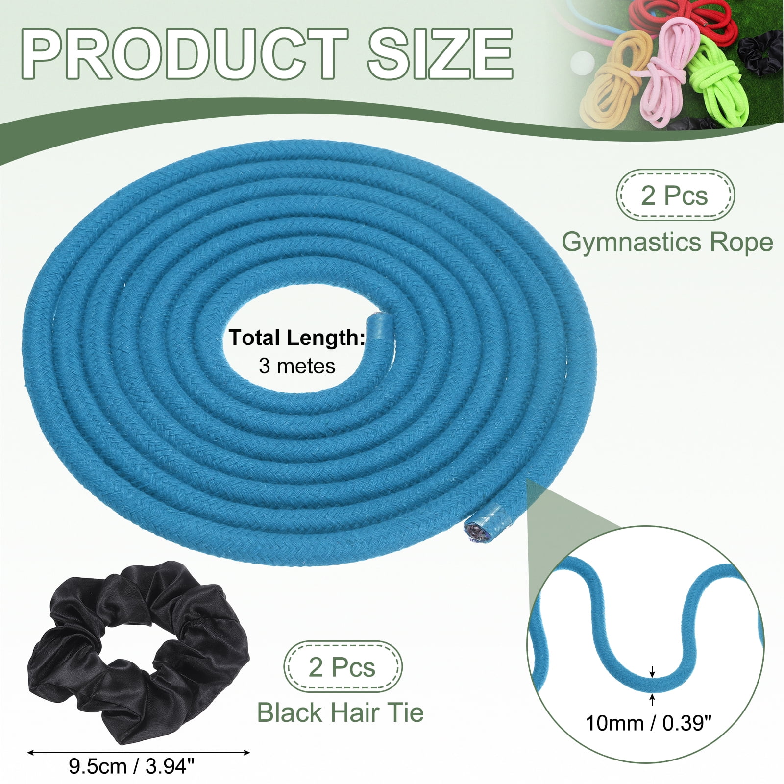 Gymnastics Rope, Exercise Fitness Aerobic Gymnastic Skipping, Rhythmic Gymnastics Arts Rope with Hair Tie 3 Meters& 2Pcs & Blue - Fit for (Fitness/Outdoor Activities/Yoga)