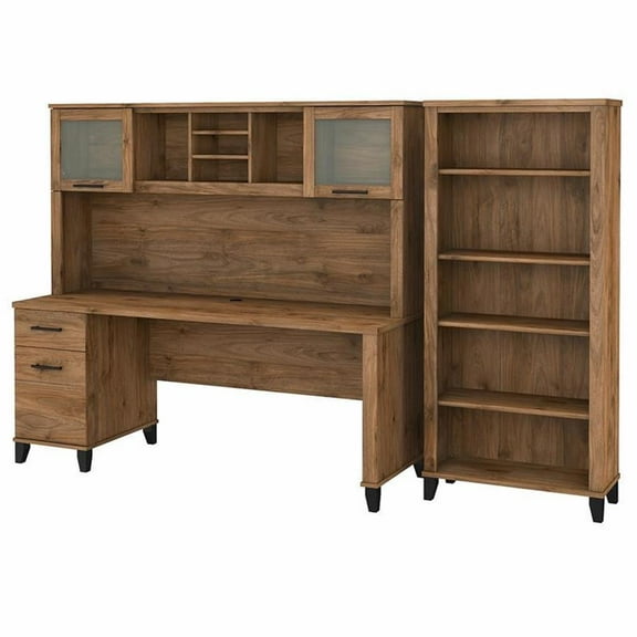 Pemberly Row 72W Desk with Hutch and Bookcase in Fresh Walnut - Engineered Wood