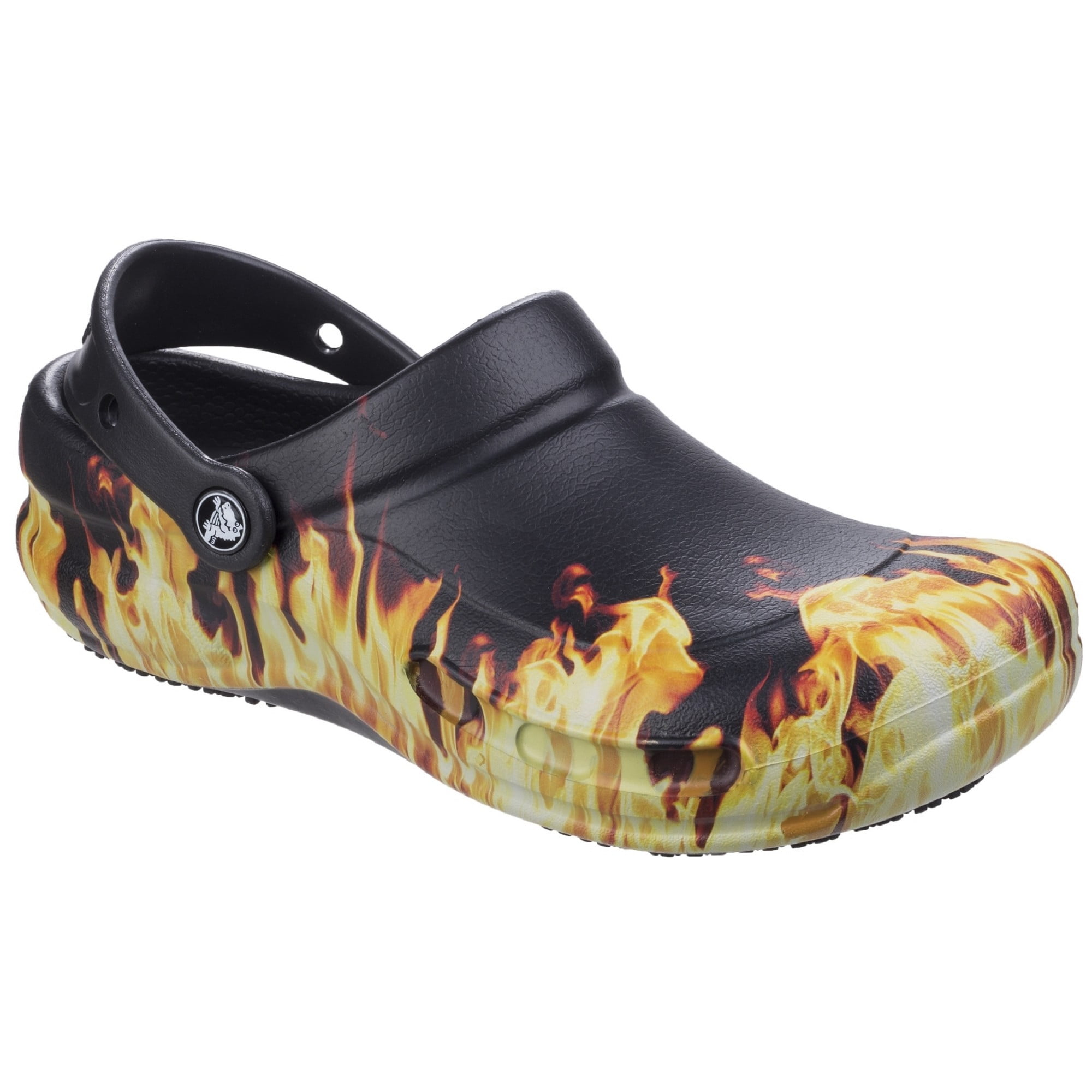 black crocs with flames